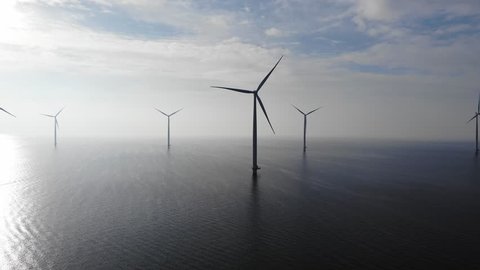 Offshore Windmill farm in the ocean  Westermeerwind park , windmills isolated at sea on a beautiful bright day Netherlands Flevoland Noordoostpolder, drone view bird eye view of windmill farm