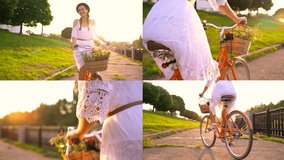 4 in 1 video. Young beautiful woman riding a bicycle at sunset.