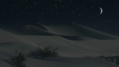 Sand dunes under a crescent moon in a desert night (Loop).