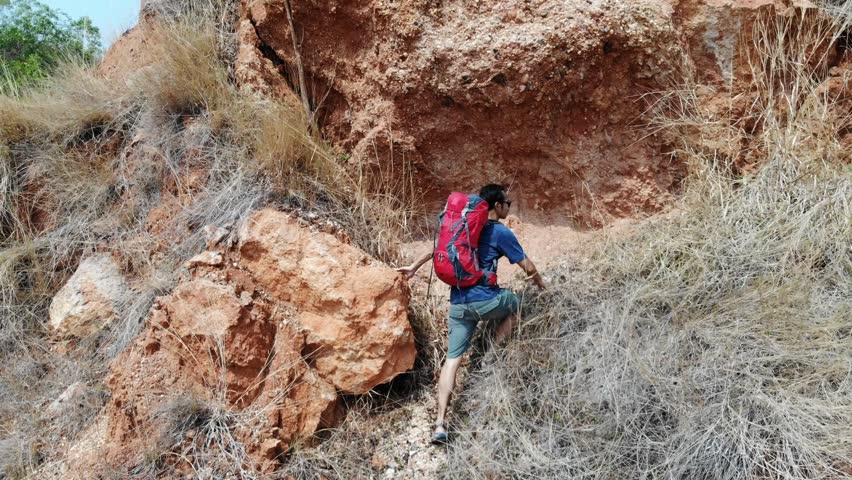 Traveler Man with backpack climbing