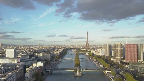 Aerial of Paris Eiffel Tower and Seine River