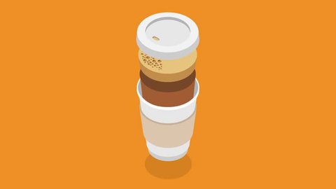 Cartoon coffee in a paper cup 2d animation in isometric style fast food service concept cooking take away