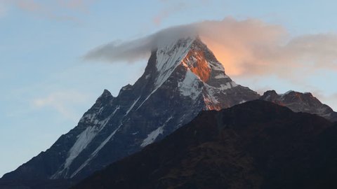 Annapurna base camp trek, View on the summit of the mountain Machapuchare at sunset, Nepal, asia.