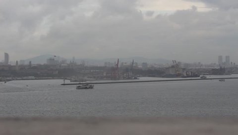 Panoramic View to the Golden Horde during Rainy Weather. Ships, Bridge.
