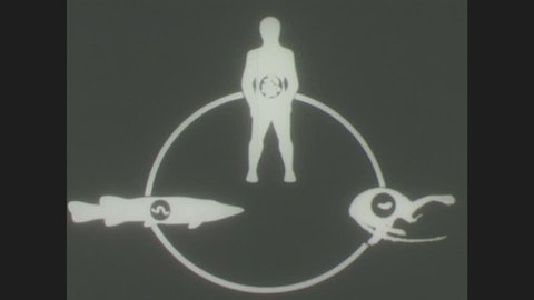 1940s: Diagram of man, fish, and copepod with circle connecting all three. A tapeworm or larva is present in each one's stomach. Adult tapeworm subtly wriggles.