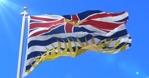 Flag of canadian province of British Columbia, region of Canada, waving at wind - loop