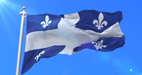 Flag of canadian province of Quebec, region of Canada, waving at wind - loop