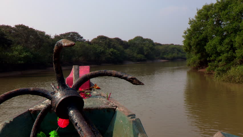 Boat Moving in Water Stream in a Mangrove Forest with Anchor in Foreground.