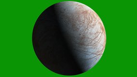 Loopable W/Alpha: Hi-res 3D image of Europa, moon of Jupiter, gently rotates against green screen background. Elements of this clip furnished by NASA. Straight color with luma matte. (av45074c)