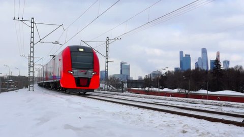 MOSCOW, RUSSIA - February 25, 2018: Moscow Central Circle or MCC. Built from 2013 till 2016 and opened to passengers on 10 September 2016. Focus on the train.