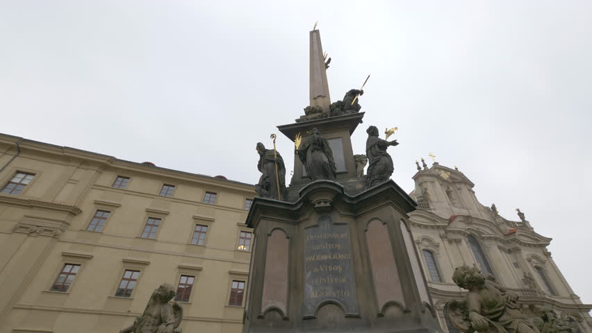 The Holy Trinity Column is installed in Malá Strana, Prague, Czech Republic.