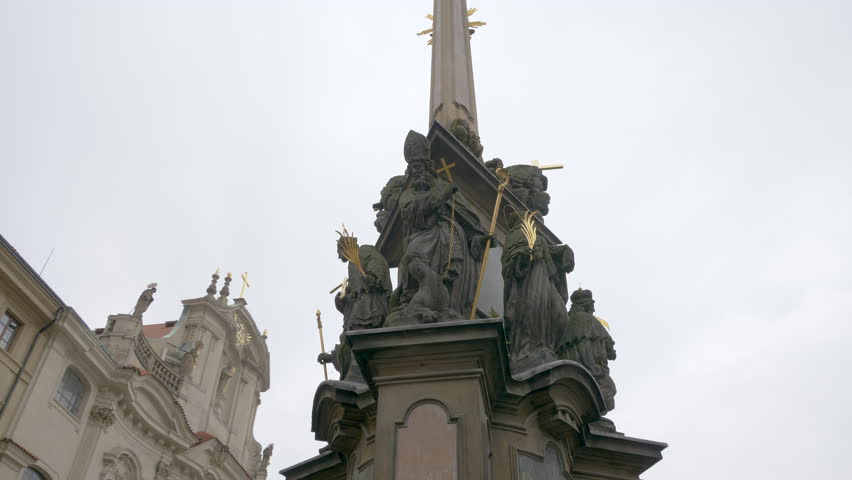The Holy Trinity Column is installed in Malá Strana, Prague, Czech Republic.