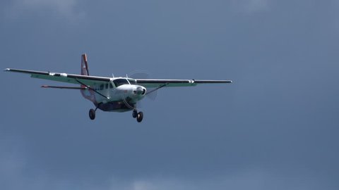 WELLINGTON, NEW ZEALAND - FEB 23: Sounds Air single engined turboprop Cessna landing approach on windy day on February, 2018 in Wellington, New Zealand 
