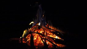 Burning bonfire red-hot coals at night, 8x 240 fps slow motion, full hd 1080p video clip