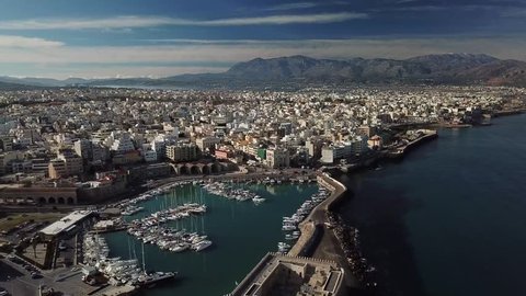 Aerial view of Heraklion harbour from the old venetian fort Koule, Crete, Greece