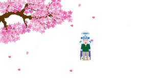 A robot of a caregiver walking with the elderly in a wheelchair in spring when cherry blossoms are blooming.

