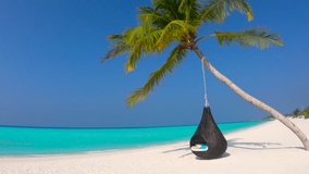 Tropical Paradise Scenery with Blue Water Palm Tree Chair and White Sandy Beach in Maldives