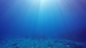 Underwater sunburst footage. Blue ocean sea and sunlight