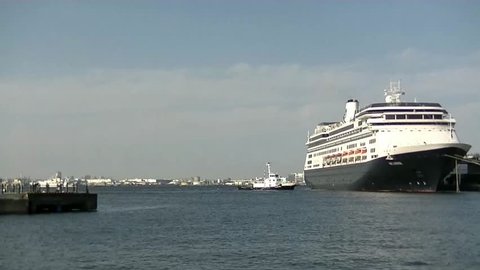 YOKOHAMA, JAPAN - April 30, 2017: Cruise ship MS Volendam of Holland America Line departs Port of Yokohama. 