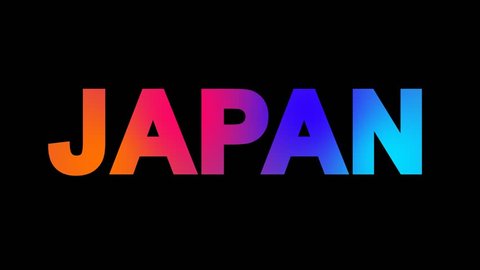 country name JAPAN multi-colored appear then disappear under the lightning strikes changing color. Alpha channel Premultiplied - Matted with color black