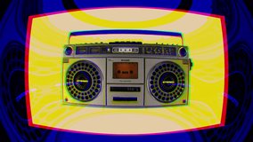 a vintage hifi ghettoblaster moving around erratically in space with intentional overlayed video distortion and glitch effects