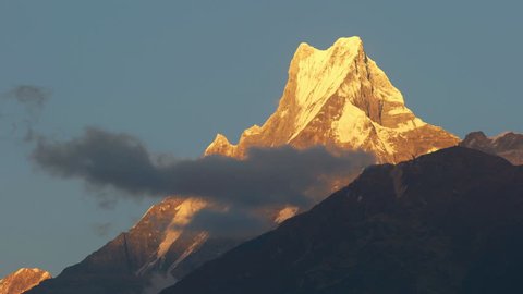 Annapurna base camp trek, View on the summit of the mountain Machapuchare at sunset, Nepal, asia.