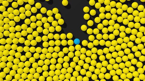 Against the flow. 3d animation of an individual blue ball going against the flow of yellow balls crowd.