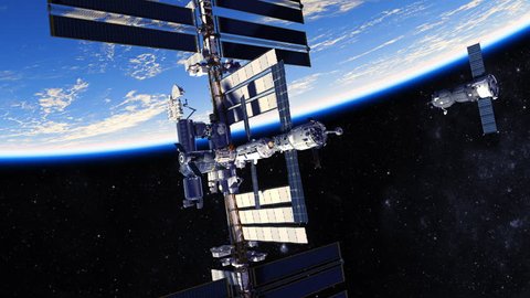 4K. Spacecraft Docking To International Space Station. 3840x2160. 3D Animation.
