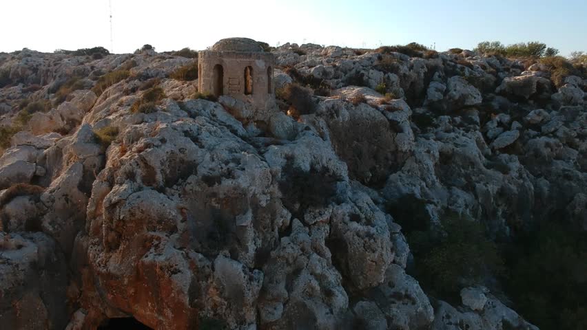 Aerial view of Agioi Saranta cave church tourist landmark built in mountain rock in Protaras
