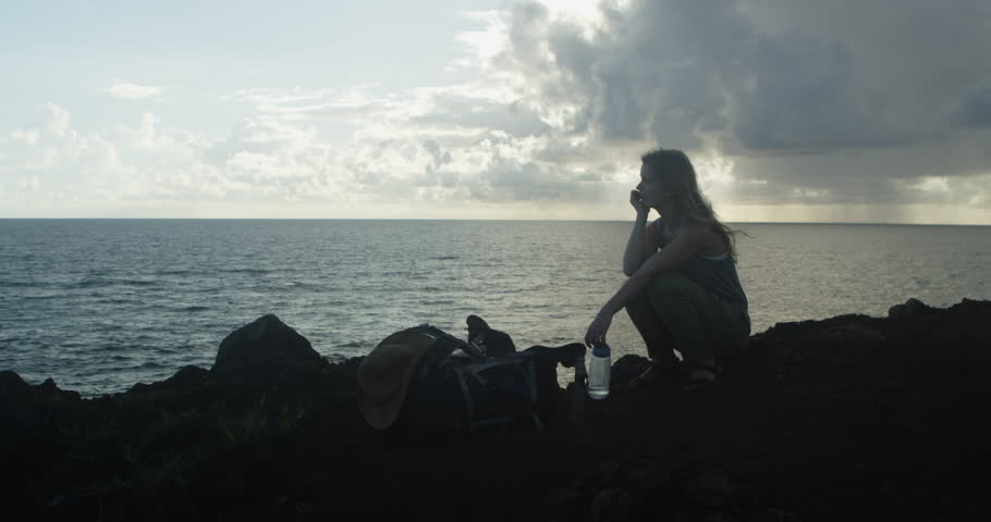 Woman alone contemplating life at ocean with breeze in hair