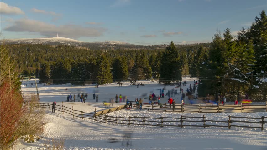 Toboggan lifts of Torfhaus in the upper Harz region. Lower Saxony. Germany. Time lapse.