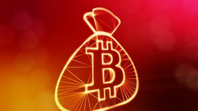 bitcoin logo on the bag. Financial concept. Financial background made of glow particles as vitrtual hologram. Shiny 3D loop animation with depth of field, bokeh and copy space. Red background v1