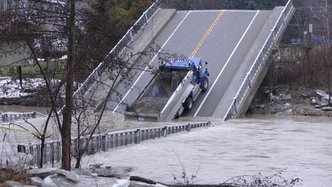 Port Bruce, Ontario, Canada February 2018 Bridge collapsed and washed away into river during severe flooding in Canada 
