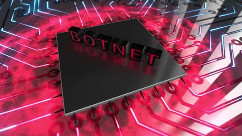 Seamless looping 3d animated text “Botnet” landing on a computer circuit board and triggering a red shockwave in 4K resolution