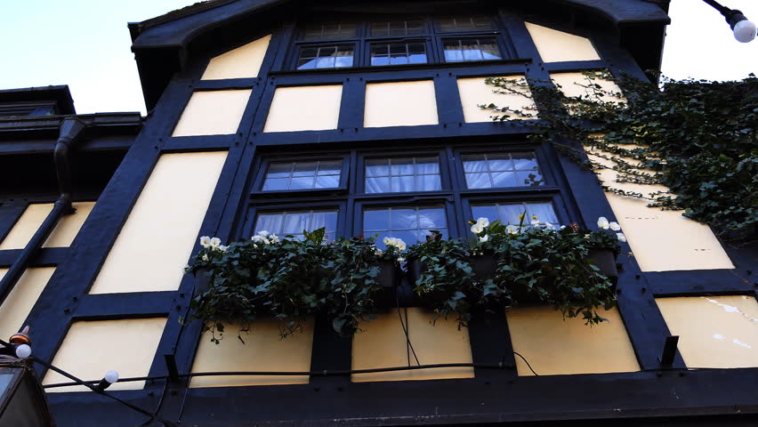 Pots with flowers under the window of an old house. Europe.