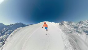 4K skiing video, skier skiing on ski piste at shunshine, fisheye
