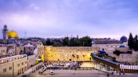 Jewish morning prayers at the Western Wall, time lapse with tilt-shift effect