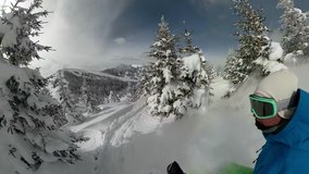 360 OVERCAPTURE SELFIE 3D: Extreme snowboarder has fun riding fresh powder snow off piste in white mountains. Pro rider snowboarding and carving freshly fallen snow in mountain wilderness. Fun effects - Powered by Shutterstock - Get 15% off with code: PIKWIZARD15