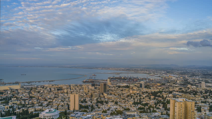 Haifa port day to night aerial footage 4k time lapse