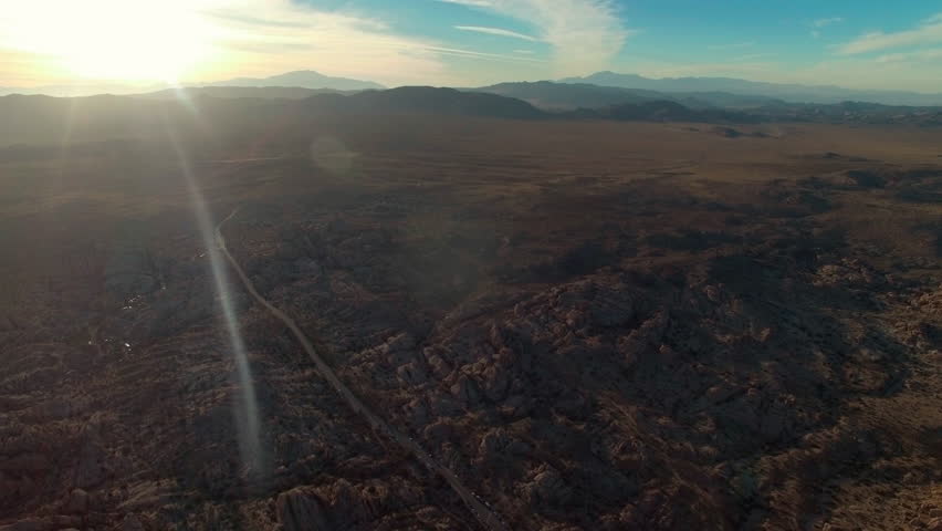 Sunset over Joshua Tree National Park in this high altitude drone view