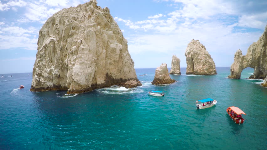 4K Aerial of Beautiful Blue Waters in Cabo San Lucas with Many Boats, Very Colorful