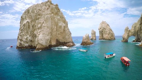 4K Aerial of Beautiful Blue Waters in Cabo San Lucas with Many Boats, Very Colorful