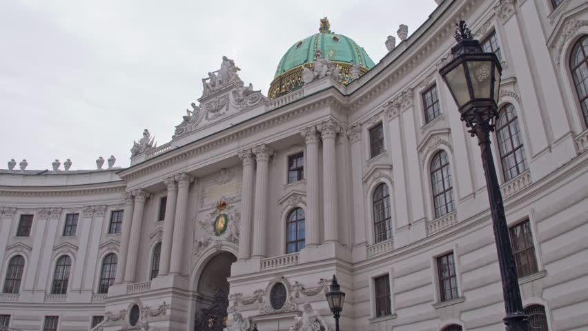 Architectural style of baroque. Palaces and castles of the old city of Vienna. Dolly shot.