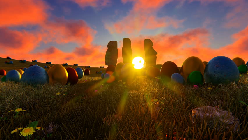 Abstract Easter Island Colorful Eggs On The Field