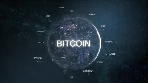 Futuristic bitcoin,ethereum,litecoin, ripple,neo,cash cryptocurrency words cloud blue modern animation loop. 3D technology earth from space altcoin word set.Crypto business concept.Loopable 4k video