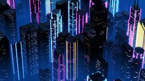 Skyscrapers with neon lights in night city, synthwave style 3D animation. 
Neon illumination in megalopolis
 - Powered by Shutterstock - Get 15% off with code: PIKWIZARD15