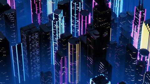 Skyscrapers with neon lights in night city, synthwave style 3D animation. 
Neon illumination in megalopolis
