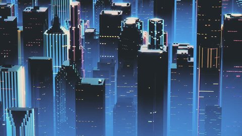 Flying above skyscraper roofs in large city, synthwave style, 3D animation. 
Neon illumination in megalopolis
