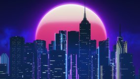 Synthwave city against pink moon, beautiful loopable background, 3D animation. 
Skyscrapers and neon in night city
