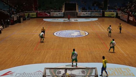 ISLAMABAD, PAKISTAN - February 18, 2018 - Futsal Cup final match being played between Pakistan and Brazil teams in Liquat Gymnasium at Islamabad Sports Complex.